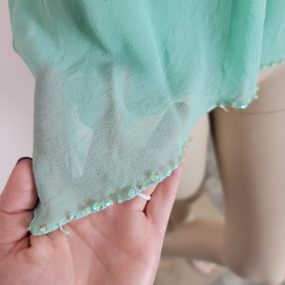 Y2K beaded silk blend mint green top asymmetric hem. - Picture 15 of 15